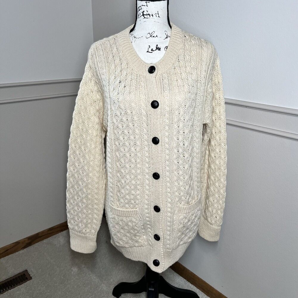 Blarney Woollen Mills Ireland Womens XL XXL Knit Wool Cardigan Sweater Cream